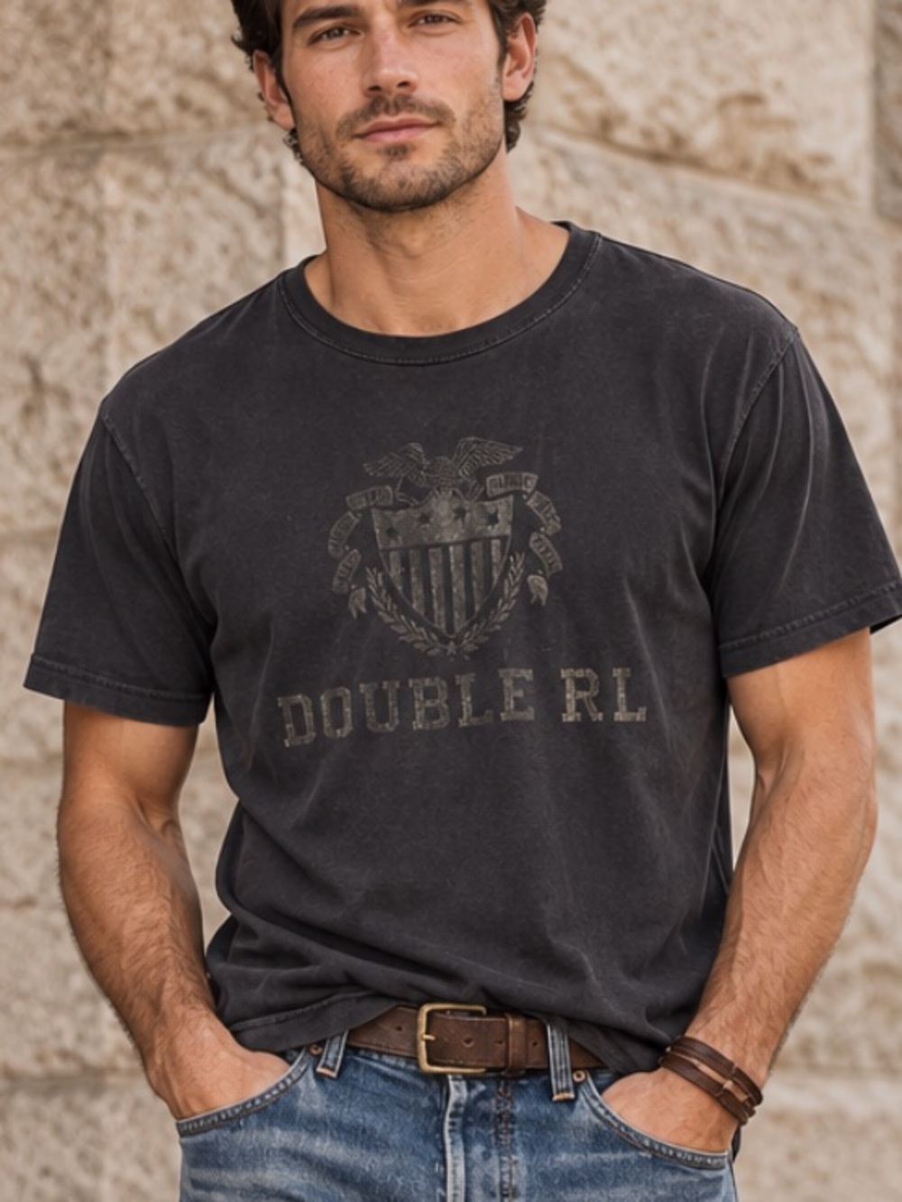RRL Ralph Lauren Double RL Black Crest Graphic T-Shirt Size Large 57259
